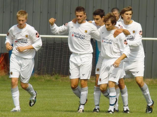 Celebrating the Pilgrims' first goal by Liam Parker
