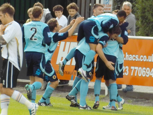 The players celebrate Newsham's goal